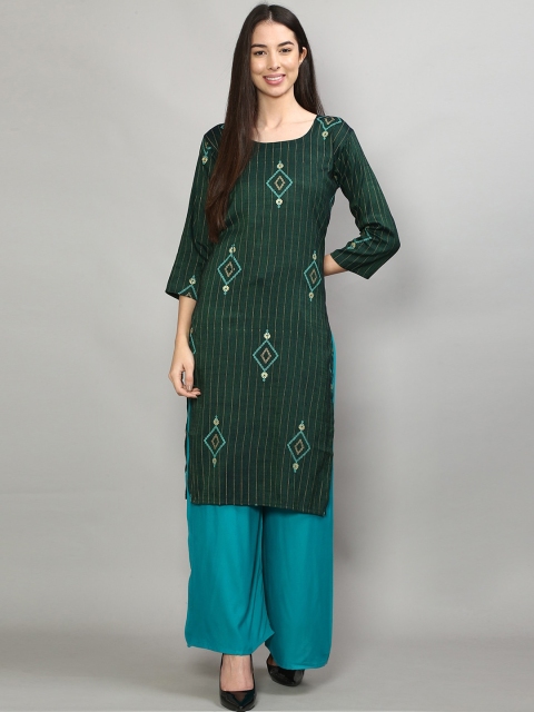 

Jinfo Women Green Geometric Embroidered Thread Work Block Print Kurta
