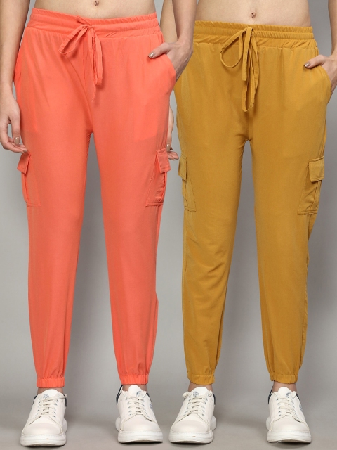 

GRACIT Women Peach-Coloured & Mustard Yelloe Set of 2 Slim Fit Joggers Trousers