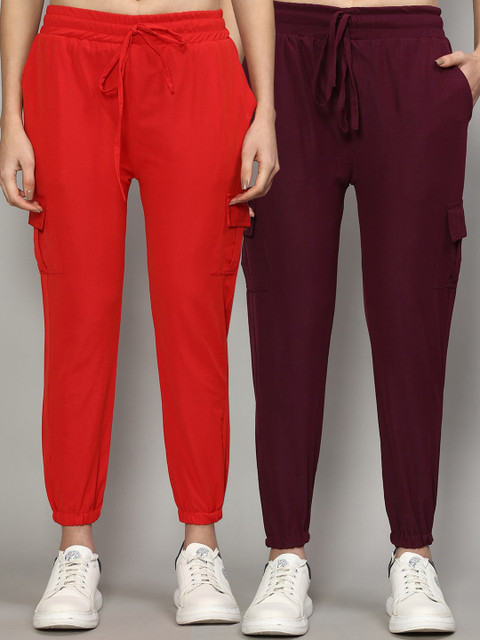 

GRACIT Women Pack Of 2 Red & Brown Slim Fit Joggers Trousers
