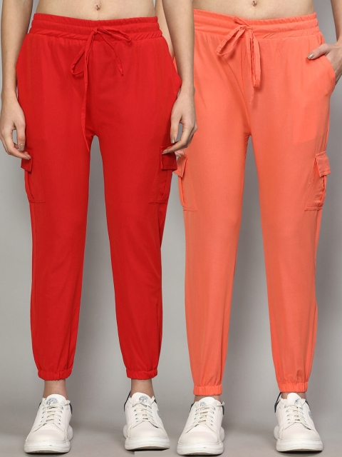 

GRACIT Pack of 2 Women Red & Peach Slim Fit Cargos