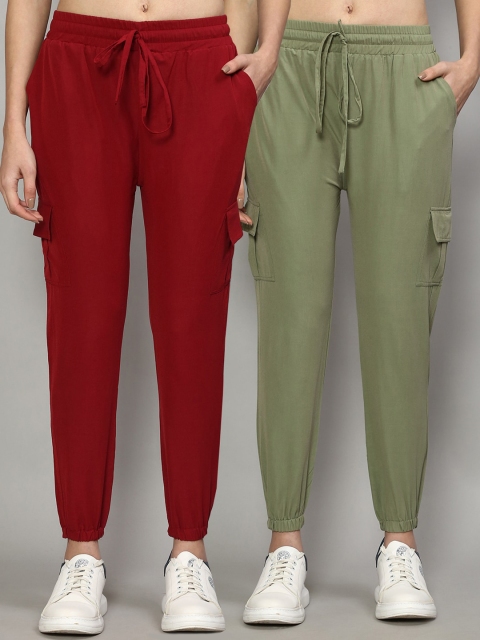 

GRACIT Women Pack Of 2 Maroon & Green Solid Slim Fit Joggers Trousers