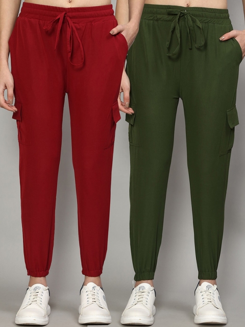 

GRACIT Women Maroon & Green Set of 2 Slim Fit Joggers Trousers