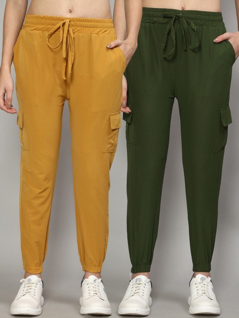

GRACIT Pack of 2 Women Mustard Yellow & Green Slim Fit Cargos