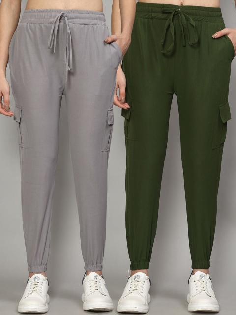 

GRACIT Pack of 2 Grey & Olive Green Slim Fit Cargos