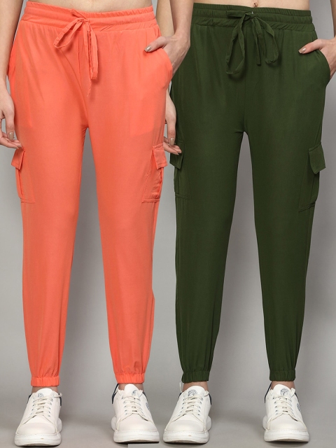 

GRACIT Pack of 2 Peach-Coloured & Green Slim Fit Cargos