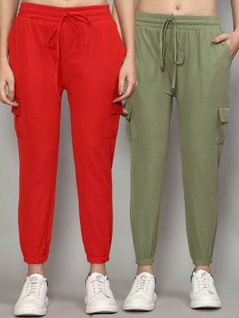 

GRACIT Women Red & Olive Green Set of 2 Slim Fit Joggers Trousers