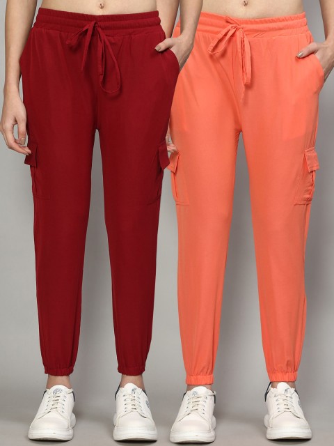 

GRACIT Women Pack Of 2 Maroon & Peach Slim Fit Joggers Trousers