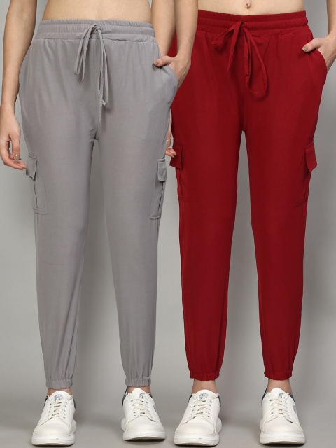 

GRACIT Women Grey & Maroon Pack Of 2 Slim Fit Joggers Trousers
