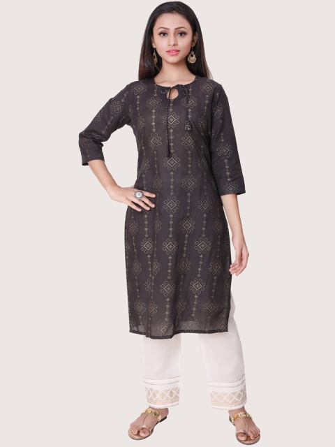 

ZRI Women Black & White Ethnic Motifs Printed Pure Cotton Kurta with Trousers