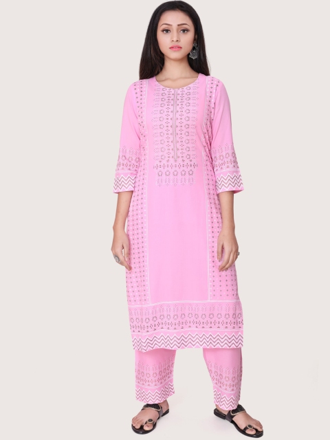 

ZRI Women Pink Floral Printed Kurta with Trousers