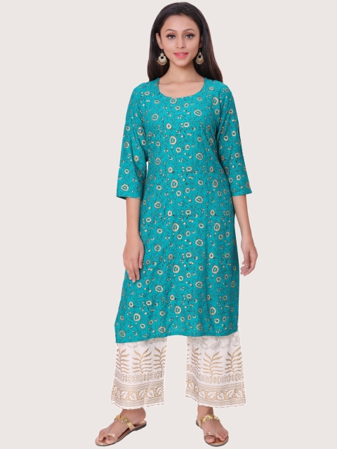 

ZRI Women Turquoise Blue & White Printed Kurta with Trousers
