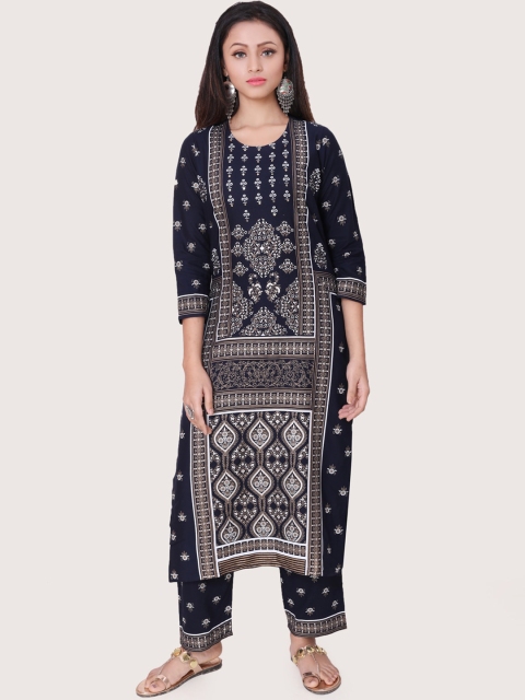 

ZRI Women Navy Blue & White Ethnic Motifs Printed Kurta with Palazzos