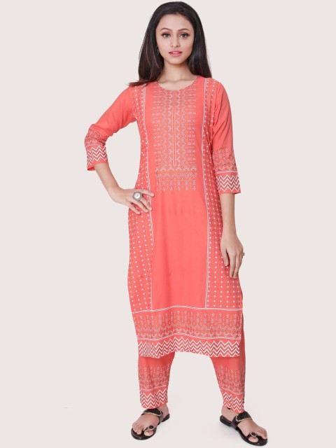 

ZRI Women Peach-Coloured Ethnic Motifs Printed Kurta with Trousers