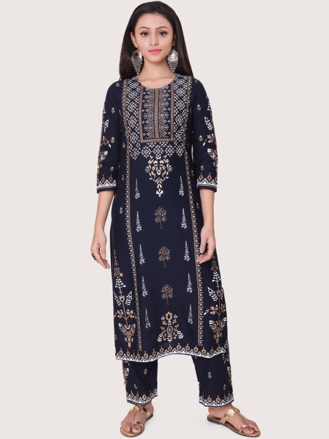 

ZRI Women Navy Blue & White Ethnic Motifs Printed Kurta with Trousers