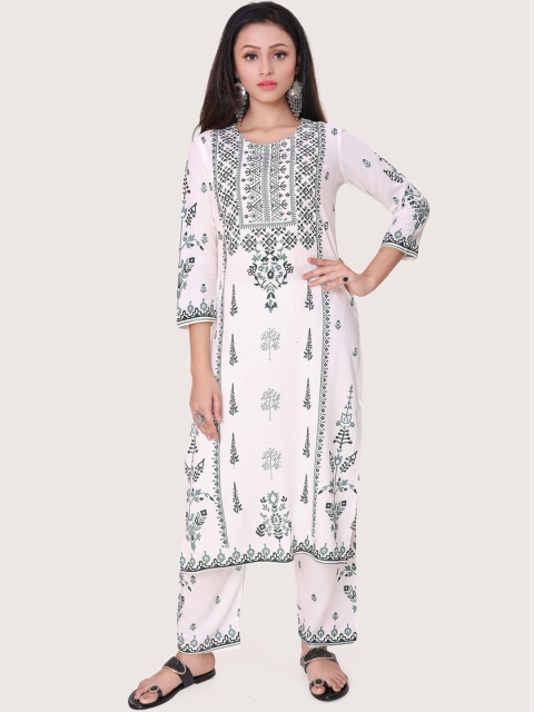 

ZRI Women Off White & Black Floral Printed Kurta with Palazzos