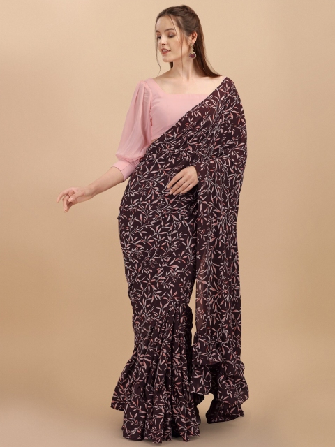 

Sangria Brown & Pink Floral Printed Ruffle Saree