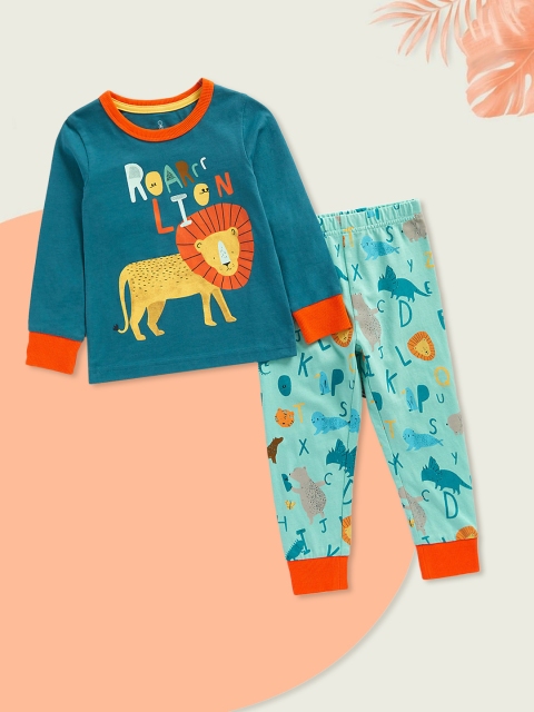 

mothercare Boys Green & Yellow Printed Pure Cotton Pyjama Set