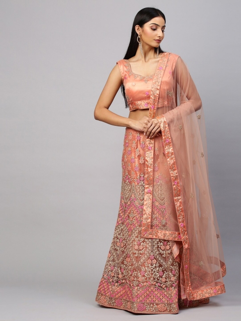 

Rajesh Silk Mills Peach & Gold Embroidered Semi-Stitched Lehenga & Unstitched Choli