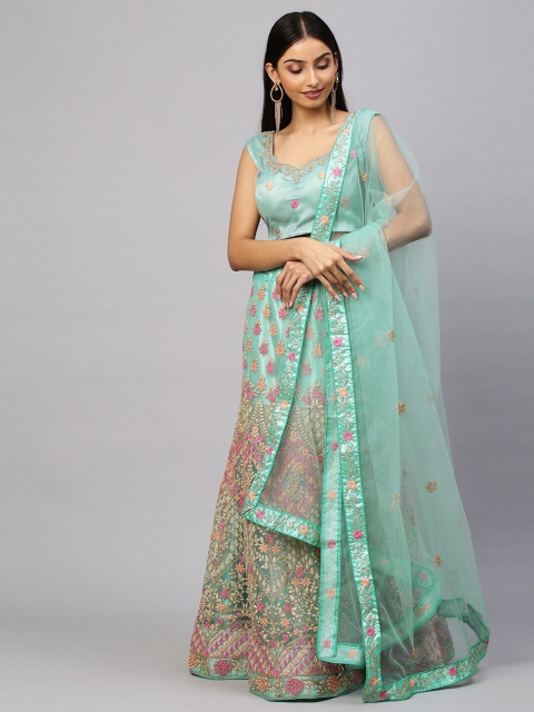 

Rajesh Silk Mills Teal & Pink Embellished Semi-Stitched Lehenga Choli Set
