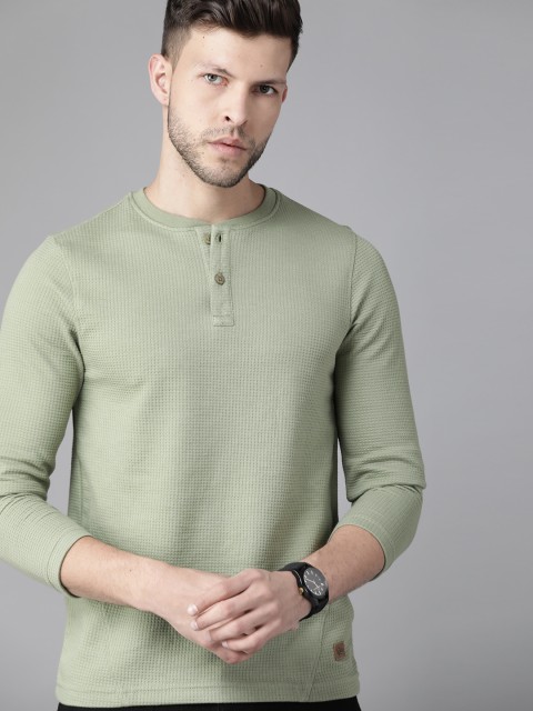 

Roadster Men Green Self-Design Henley Neck T-shirt