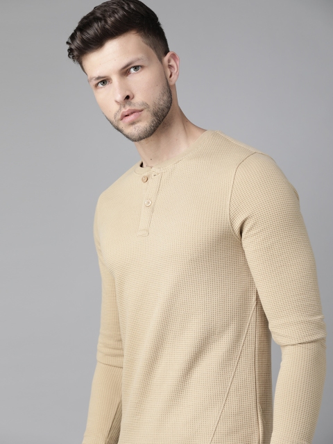 

Roadster Men Beige Self-Design Henley Neck T-shirt