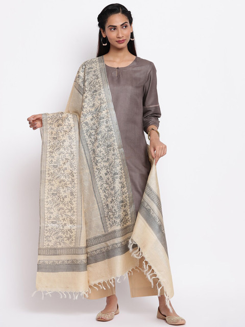 

Fabindia Women Off White & Grey Printed Pure Silk Dupatta