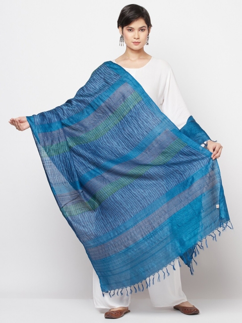 

Fabindia Women Navy Blue & Green Striped Pure Silk Dupatta