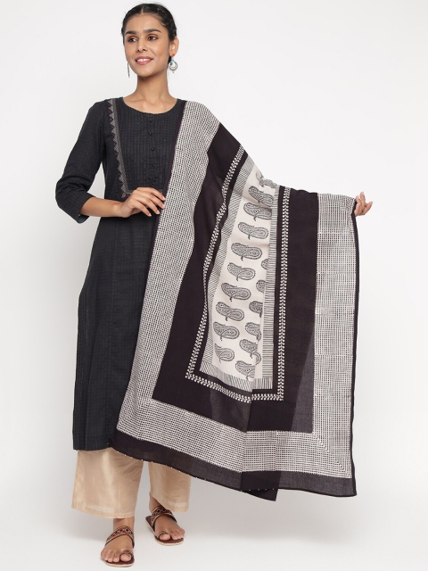 

Fabindia Women Off White & Black Ethnic Motifs Printed Pure Cotton Dupatta
