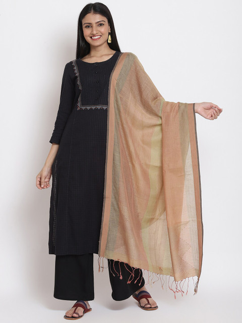 

Fabindia Pink & Green Woven Design Cotton Silk Dupatta