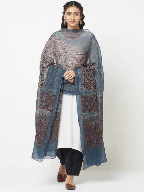

Fabindia Blue & Red Ethnic Motifs Printed Cotton Silk Dupatta