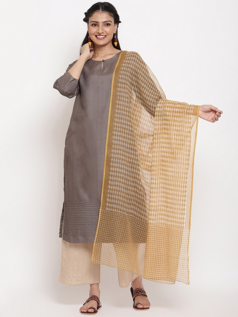 

Fabindia Women Mustard & Off White Checked Pure Silk Dupatta