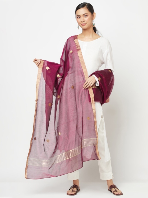 

Fabindia Maroon & Gold-Toned Ethnic Motifs Printed Cotton Silk Dupatta with Zari