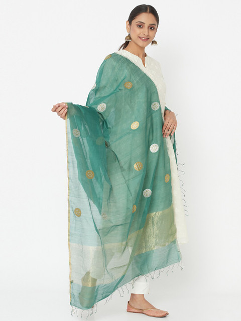 

Fabindia Women Green & White Printed Cotton Silk Dupatta