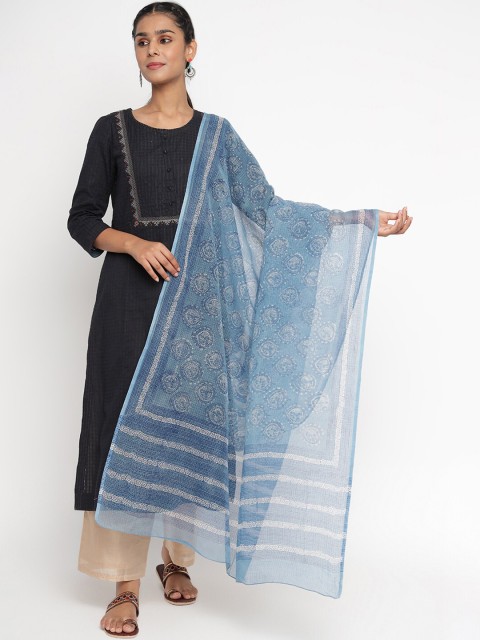 

Fabindia Women Blue & White Printed Cotton Silk Dupatta