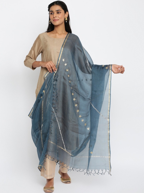 

Fabindia Blue & Gold-Toned Embroidered Pure Silk Dupatta with Sequinned