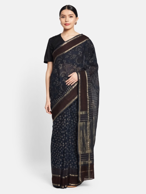 

Fabindia Blue & Coffee Brown Printed Zari Maheshwari Saree