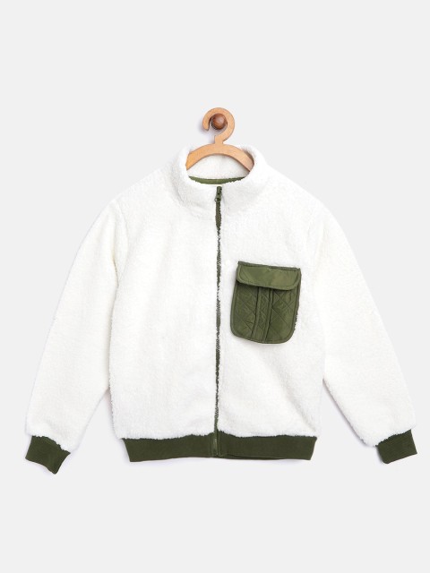

GOJI Boys White & Olive Green Colourblocked Front-Open Sweatshirt