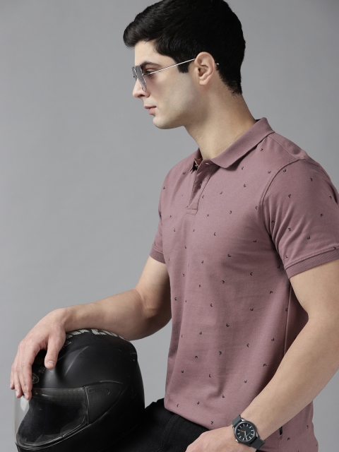 

Roadster Men Mauve & Black Printed Polo Collar Pure Cotton T-shirt