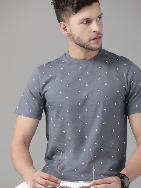 

Roadster Men Grey & White Printed Pure Cotton T-shirt