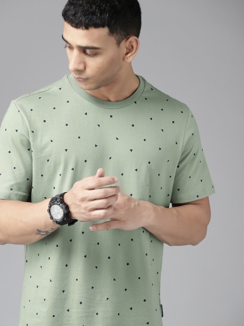 

Roadster Men Green Geometric Printed Pure Cotton T-shirt