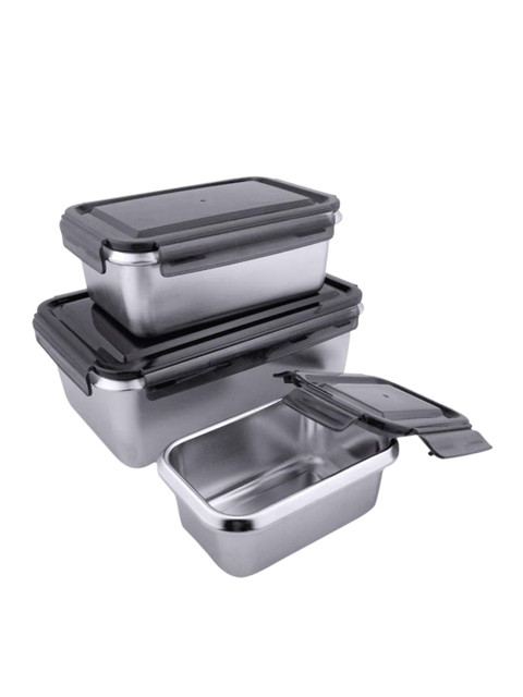 

Femora Set Of 3 Silver-Toned & Grey Solid High Steel Storage Container Lunch Box With Bag