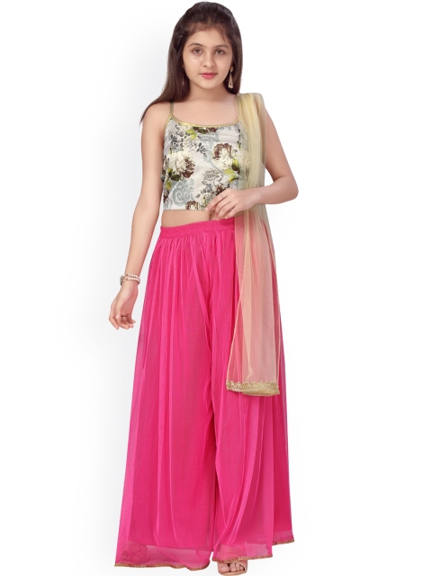 

Aarika Girls Grey Floral Printed Pure Silk Top with Palazzos & With Dupatta