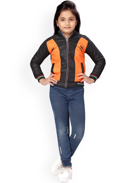 

Aarika Girls Black & Orange Colour Blocked Hooded Bomber Jacket