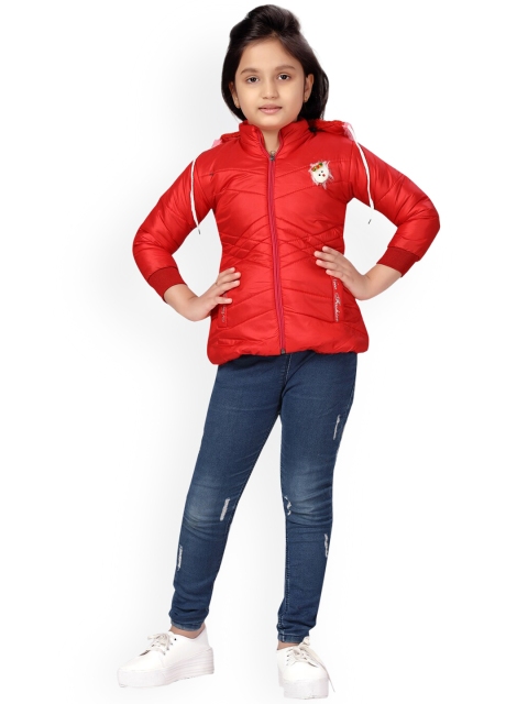 

Aarika Girls Red Solid Puffer Jacket With Faux Fur Trim