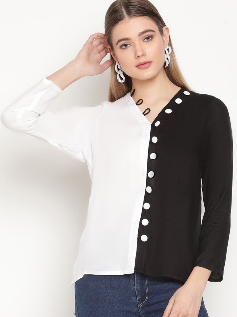 

Twenty3 Women White & Black Colourblocked Regular Top