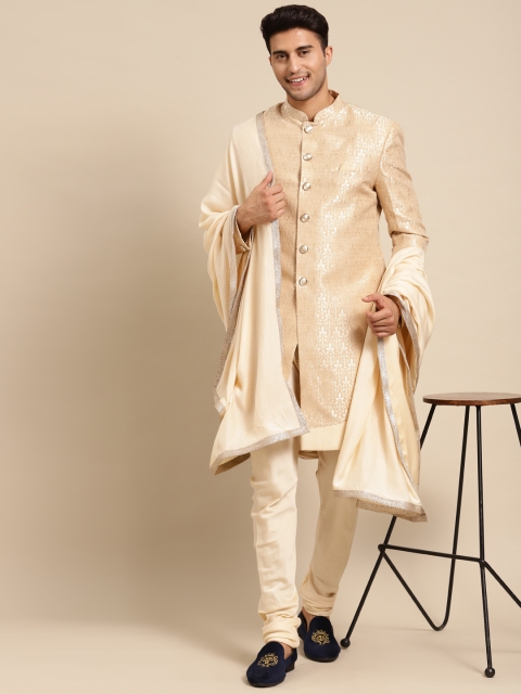 

KISAH Men Gold-Toned & Cream Coloured Printed Cotton Sherwani Set