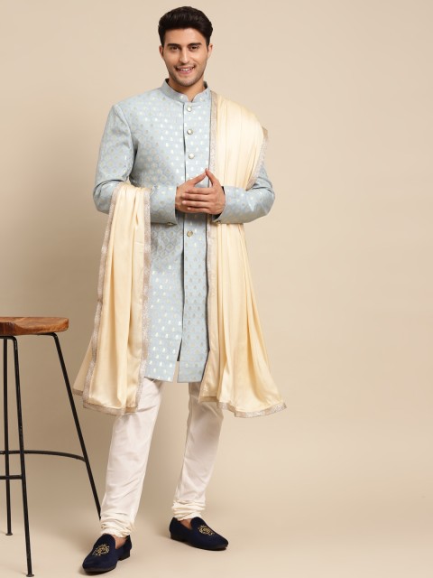 

KISAH Men Grey & Gold-Coloured Printed Sherwani with Dupatta