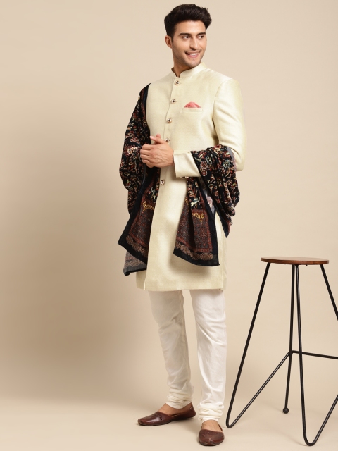 

KISAH Men Cream Coloured Dupatta Sherwani Set