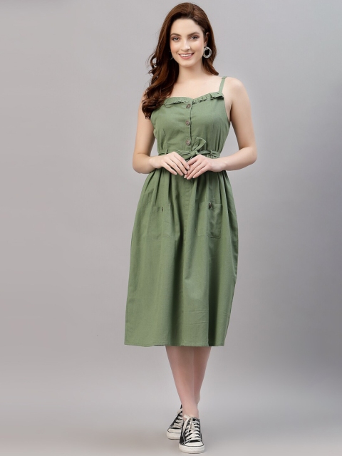 

NEUDIS Women Green Solid Midi Cotton A-Line Dress