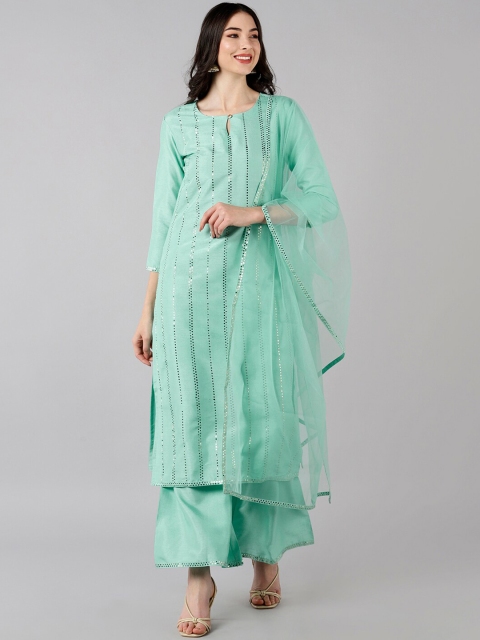 

AHIKA Women Sea Green Kurta with Palazzos & Net Dupatta